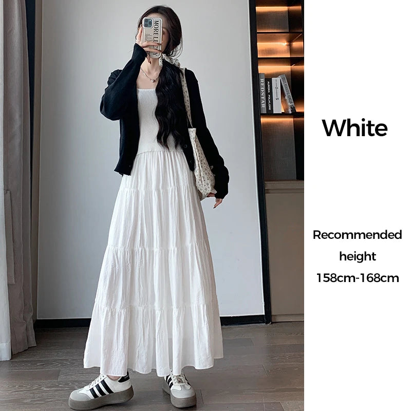 Elegant White Ruffled Long Skirts for Women High Waist A Line Maxi Skirt Woman Spring Summer Casual Loose Korean Umbrella Skirt