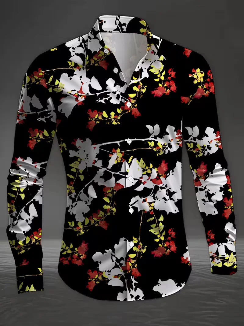 New men's long sleeved shirt with casual plaid pattern and branch print collar, versatile and comfortable top clothing