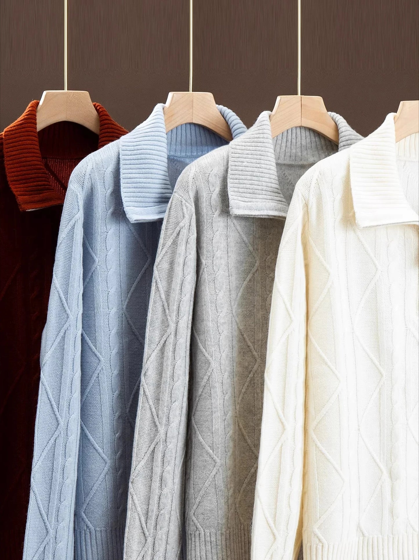 Autumn and winter new lapel zipper twisted pure cashmere knitted long sleeve loose versatile western-style top.