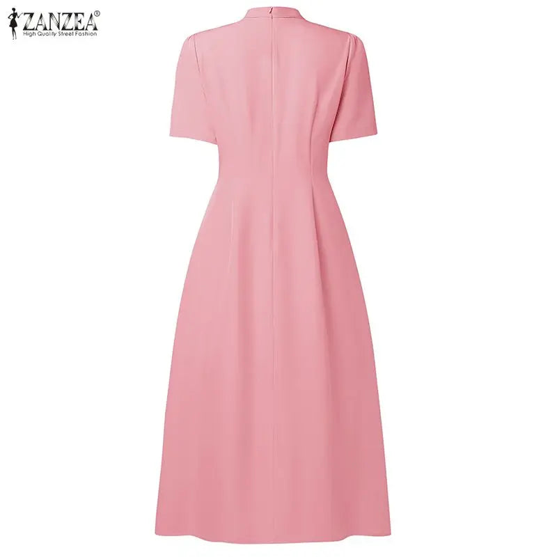 ZANZEA Elegant Office Lady Dresses Women 2026 Summer Dress Stylish A Line Waisted Party Sundress Short Sleeve Pleated Midi Robe