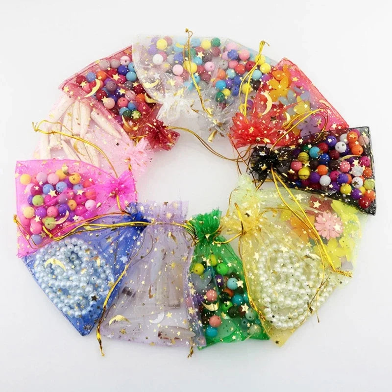 100PCS Moon Stars Drawstring Organza Bags Jewelry Gift Bags Pouches Gold Star Organza Pouches for Christmas Wedding Gift Bags