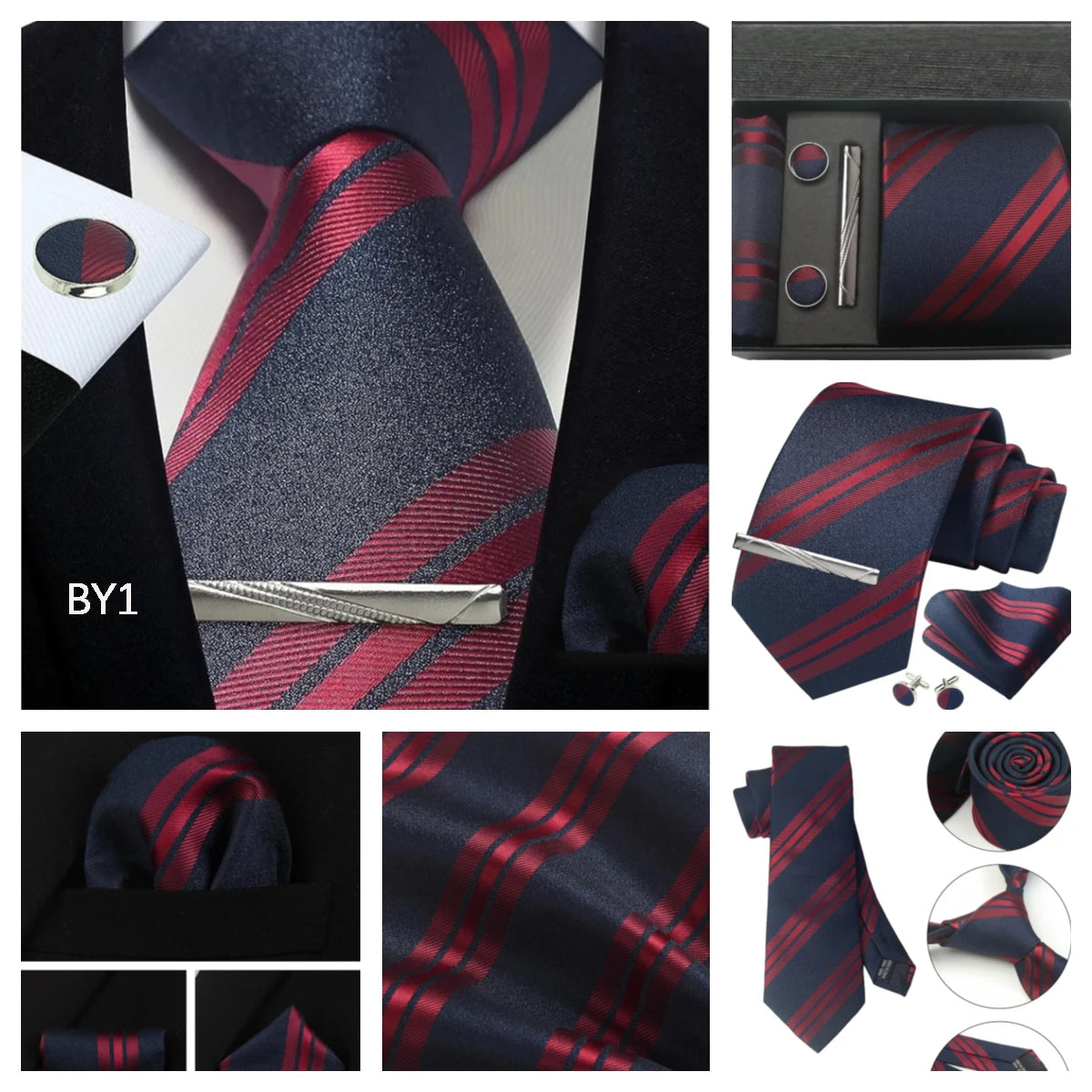 Classic 100% Silk Men's Ties In Gift box 8cm Plaid Dot Striped Business Necktie Handkerchief Cufflinks Wedding Party Tie Set