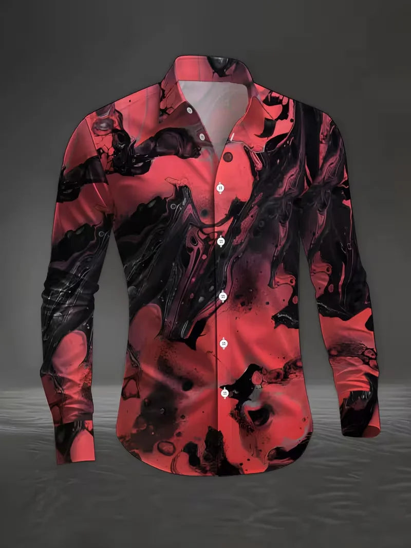 New men's long sleeved shirt with casual plaid pattern and branch print collar, versatile and comfortable top clothing
