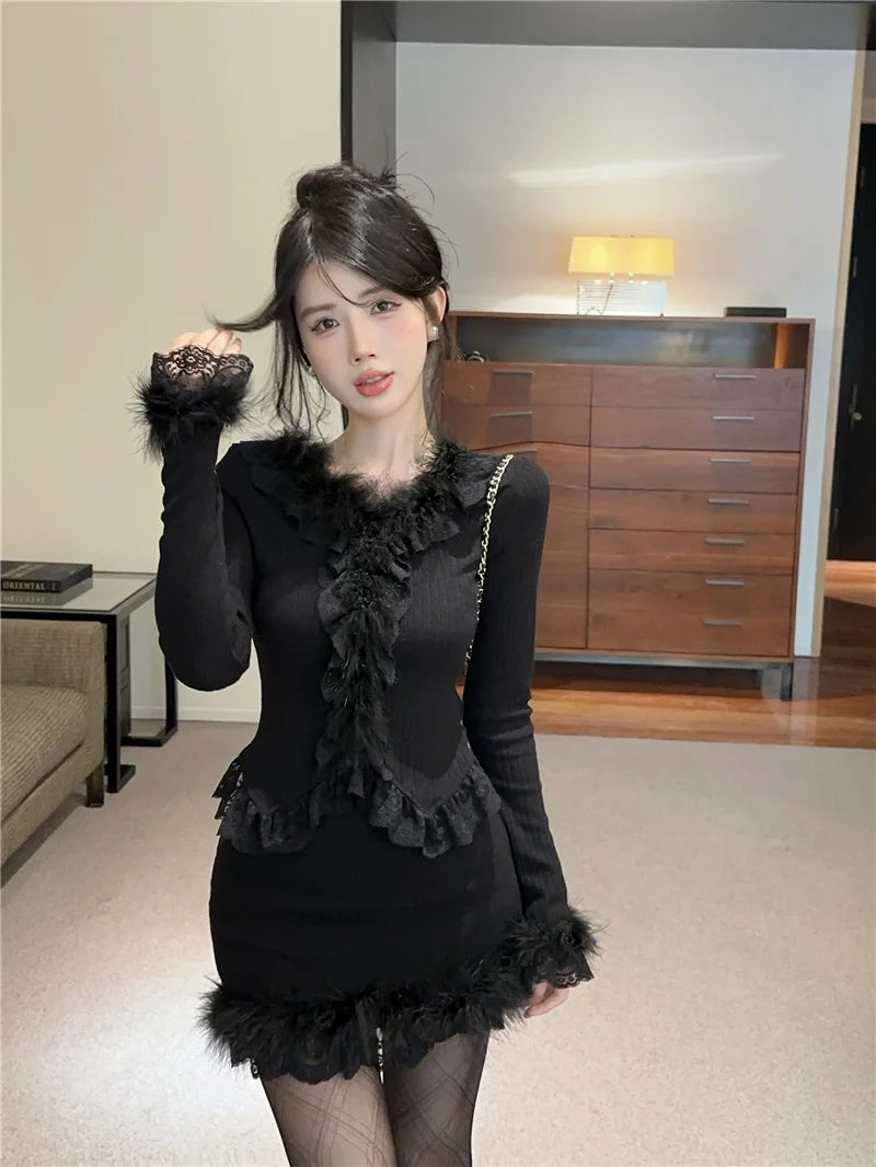 Autumn Winter Lace Splice Knitted Sve High Waist Slim Fit Bodycon Skirt Set V-Ne Soft Pure Desire Long Sve T-irt