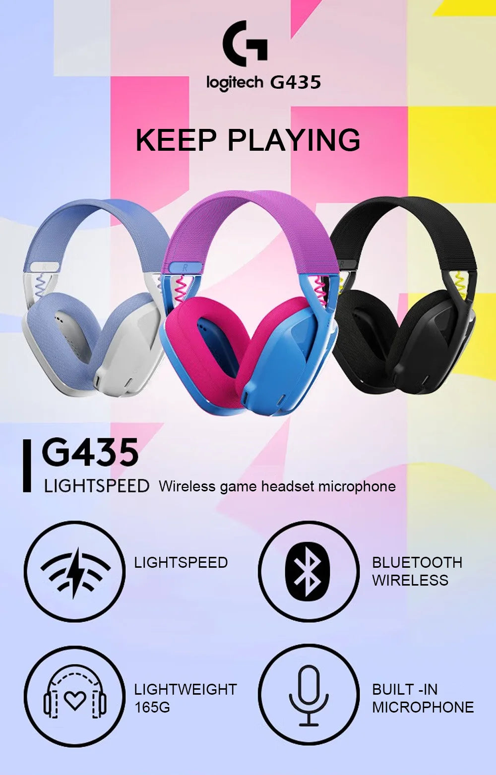 Logitech G435 LIGHTSPEED Wireless Gamer Headset USB Bluetooth/2.4 G Connection Built-in Microphone Gaming Headphone for PC/PS