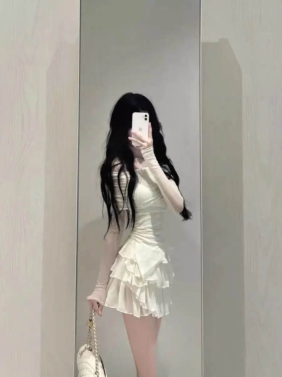 Elegant High-End Feel Summer Fashion 2-Piece Set For Women Off-Shoulder Slimming Top With Cake Skirt Versatile Stylish Dressing