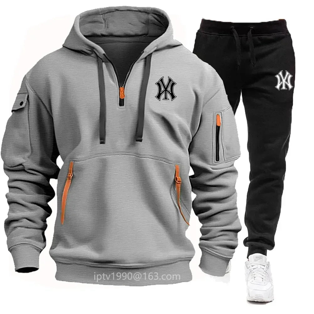 A stylish, casual and fitness two-piece set for men's autumn and winter 2025: zipper hoodie, long-sleeved pullovers and jogging
