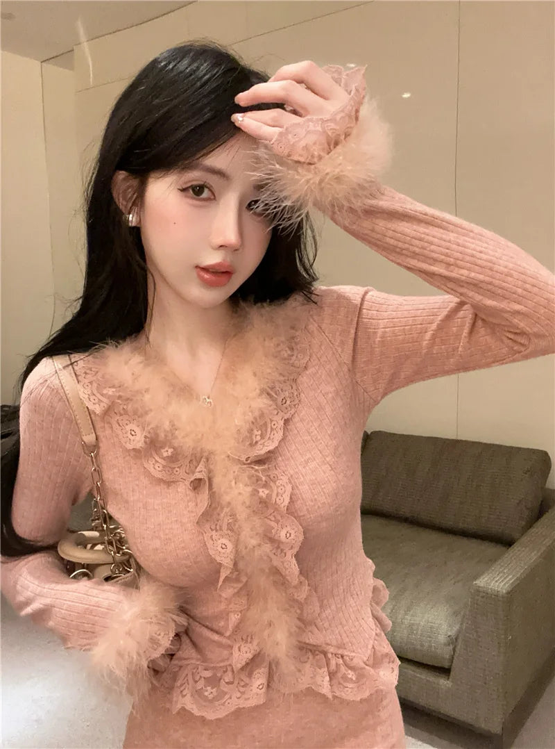 Autumn Winter Lace Splice Knitted Sve High Waist Slim Fit Bodycon Skirt Set V-Ne Soft Pure Desire Long Sve T-irt