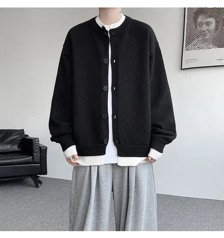 Men's Casual Contrast Color Cardigan Sweater Loose Button Front Knitted Coat for Daily Wear
