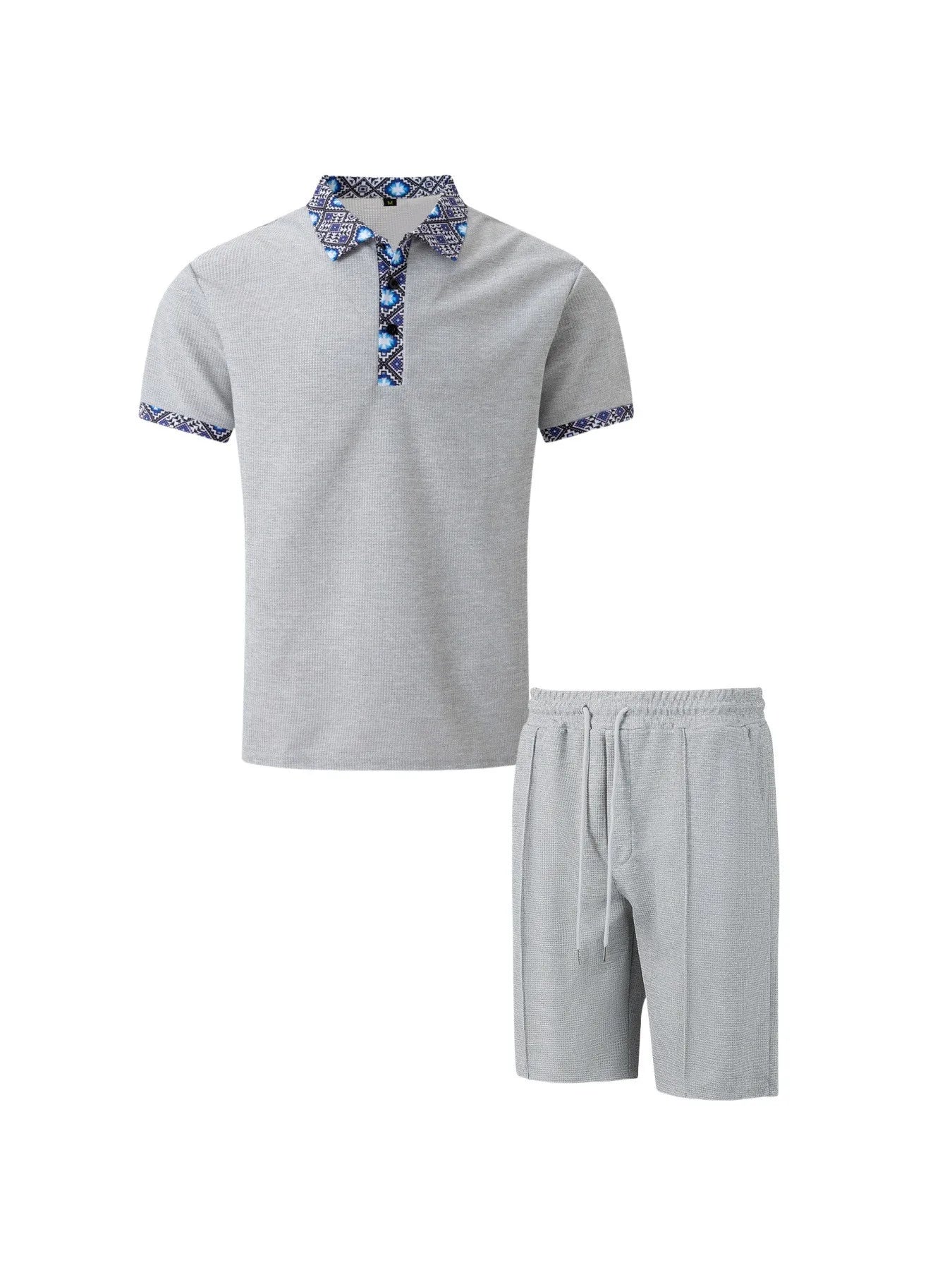 2025 Men Europe and the United States new summer Waffle solid color zip-up lapel short-sleeve suit shorts two sets