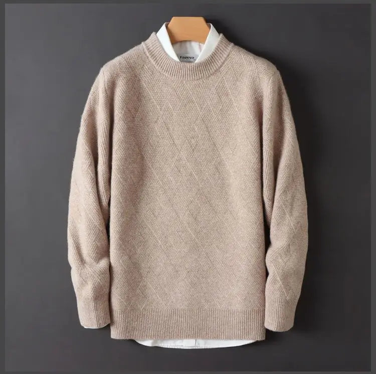 Men's Cashmere Sweater Loose and Thick Jacquard Crewneck Sweater Autumn and Winter New Solid Color Men's Knit Bottom Sweater