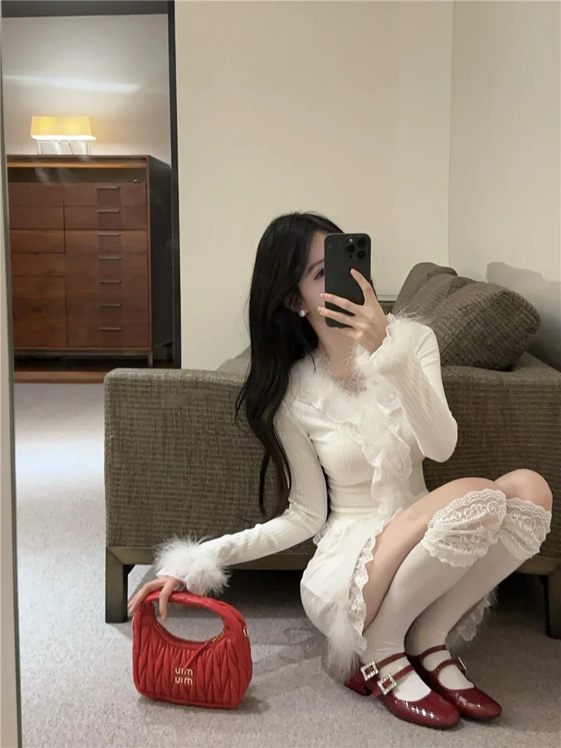 Autumn Winter Lace Splice Knitted Sve High Waist Slim Fit Bodycon Skirt Set V-Ne Soft Pure Desire Long Sve T-irt