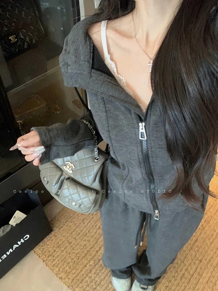 Faionable Lazy Sle Women's Outfit Long Sve Hoodie Wide Leg Casual Pants Two Piece Set Autumn Commute Windbreaker