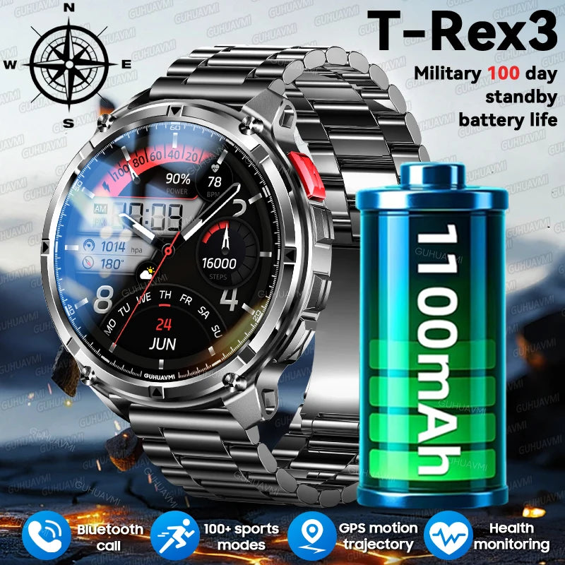 New T-Rex3 1100mAh Large Battery Durable Adult Smart Watch 1.7-inch GPS trackr Compass 5ATM Waterproof BT Call Sports Smartwatch
