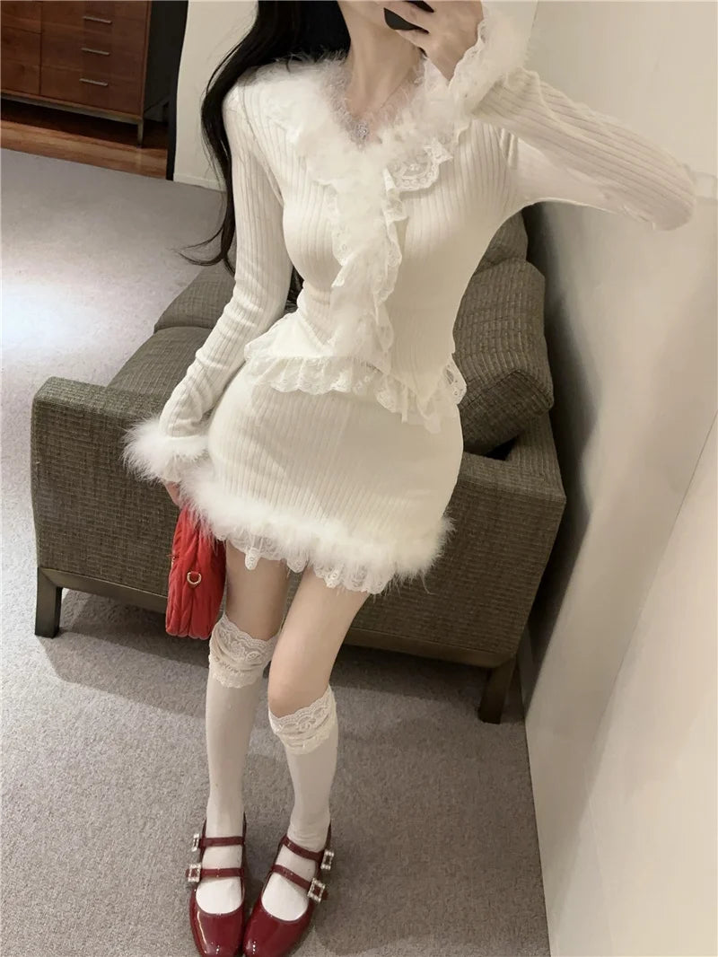Autumn Winter Lace Splice Knitted Sve High Waist Slim Fit Bodycon Skirt Set V-Ne Soft Pure Desire Long Sve T-irt