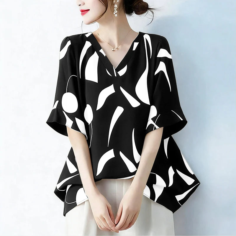 2026 ZANZEA Summer Blouse Women Casual V Neck Short Sleeve Printed Tops Female Loose Chemise Tunic Elegant Work Shirt Oversize