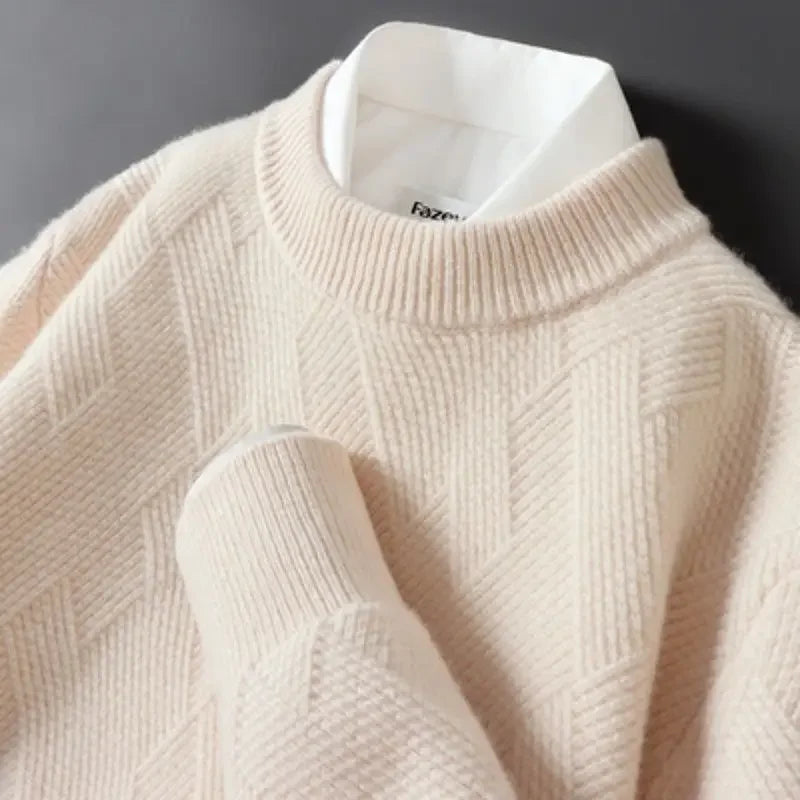 Men's Cashmere Sweater Loose and Thick Jacquard Crewneck Sweater Autumn and Winter New Solid Color Men's Knit Bottom Sweater
