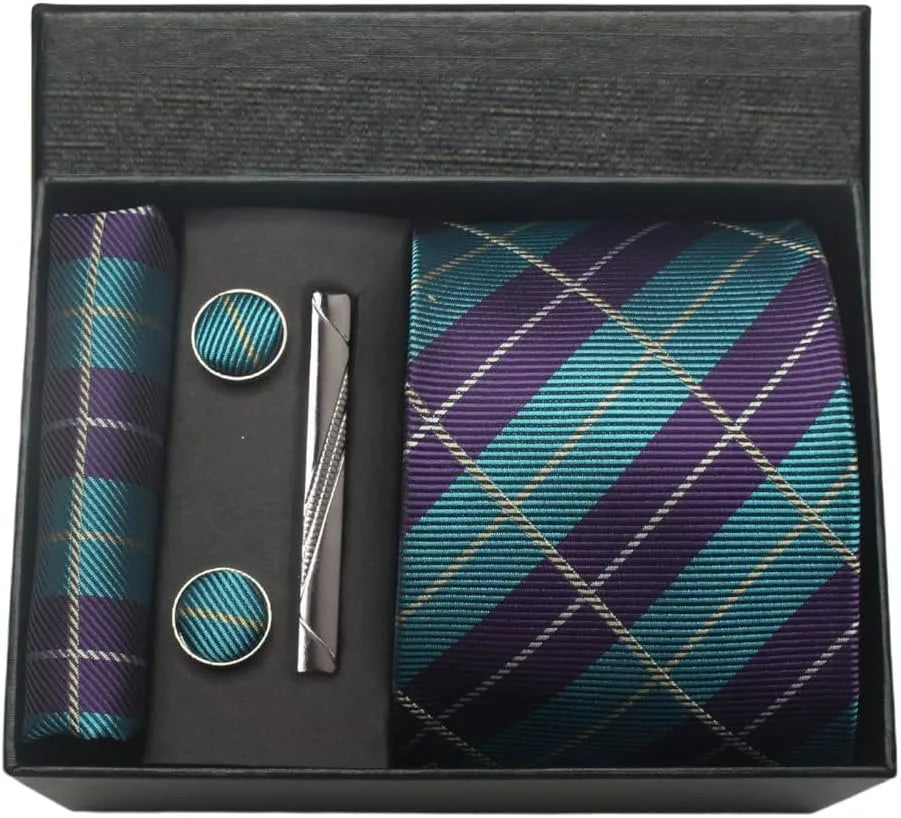Classic 100% Silk Men's Ties In Gift box 8cm Plaid Dot Striped Business Necktie Handkerchief Cufflinks Wedding Party Tie Set