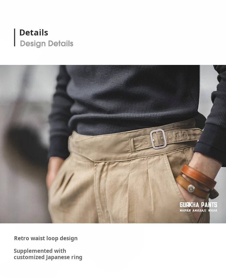 Maden Vintage Adjustable High Waist Gurkha Pants Khaki Casual Cargo Work Pants Classic Straight Trousers for Men's Spring Fall