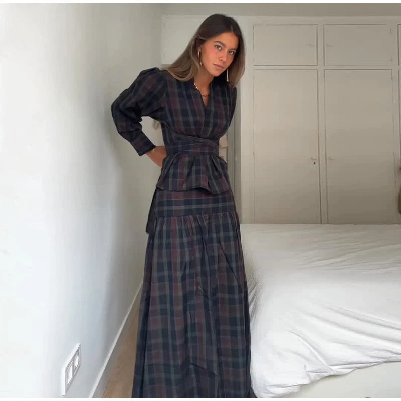 Women Chic Lace Up Checkered Skirt Suit Elegant V-neck Long Lantern Sleeve Top Long Skirts Set 2026 Spring Lady Commute outfits