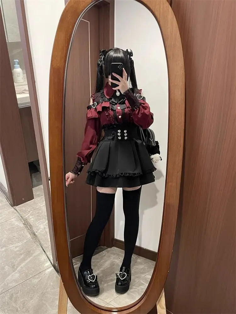 k Gothic Sle oulder Bared irt And f Skirt Set Spring Autumn Sweet Subculture Encounter Jk orm Two Piece Set f...