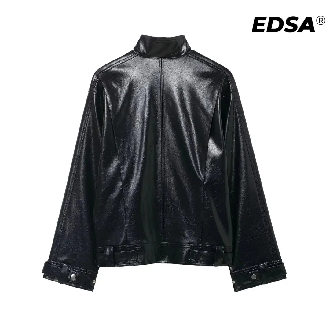 EDSA Women PU Leather Bomber Jacket Motorcycle Coat Black Spliced Zipper Fly Pu Leather Coat For Female New Street Style