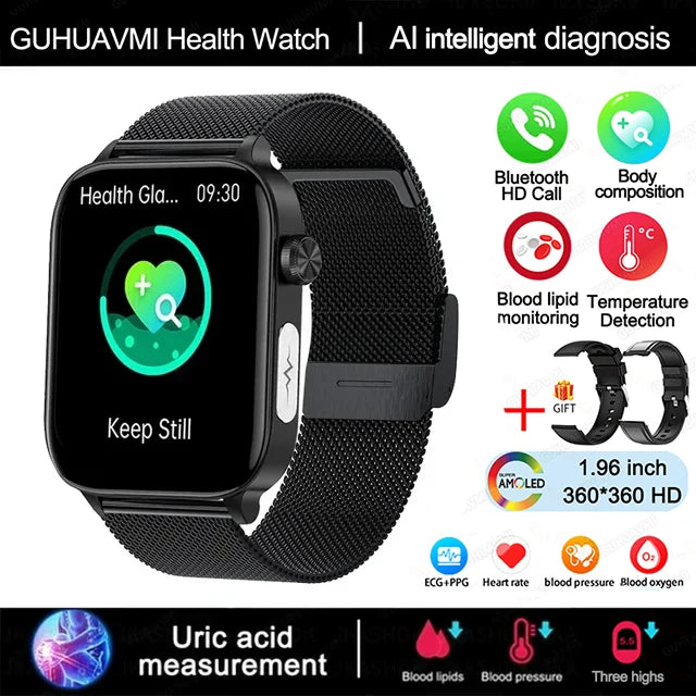 2025 New AI Diagnosis Blood Lipids Uric Acid Body composition Test Smart Watch For Men ECG+PPG Bluetooth Call Health Smartwatch