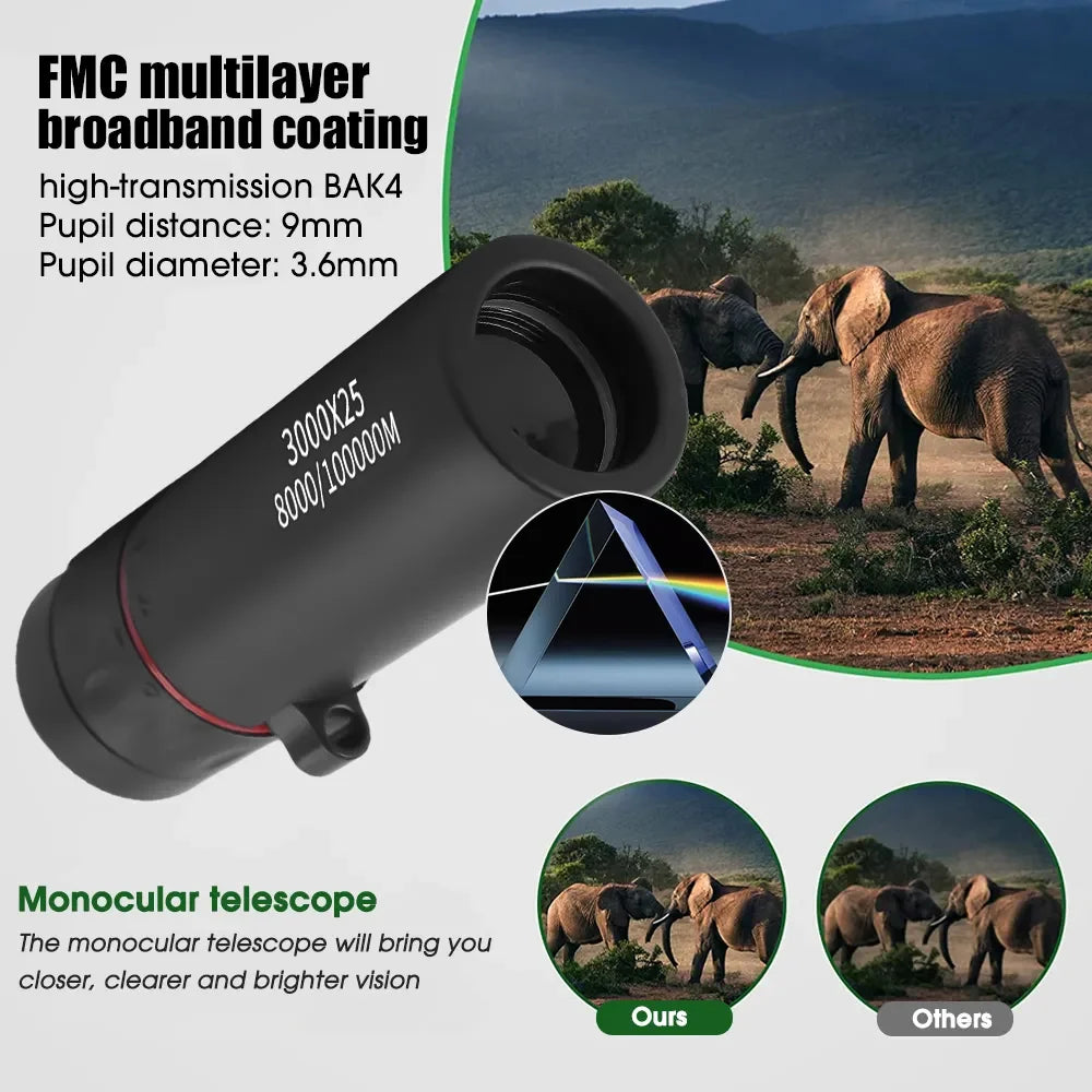 3000x25 monocular zoom HD remote professional monocular, mini portable telescope, suitable for outdoor camping and hunting