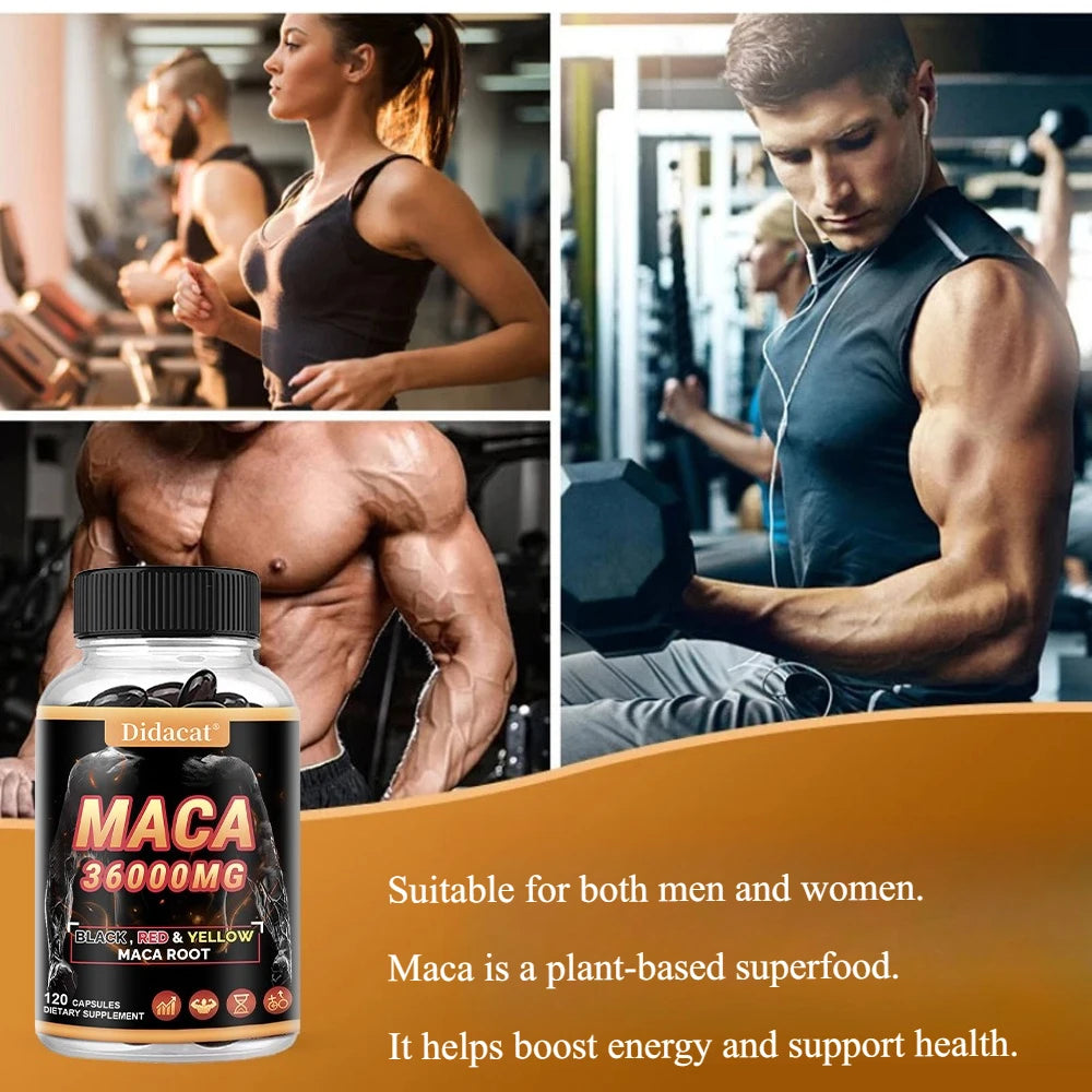 Organic Maca Root Powder Capsules with Black + Red + Yellow Maca Root Extract Supplement for Men and Women - 120 Capsules