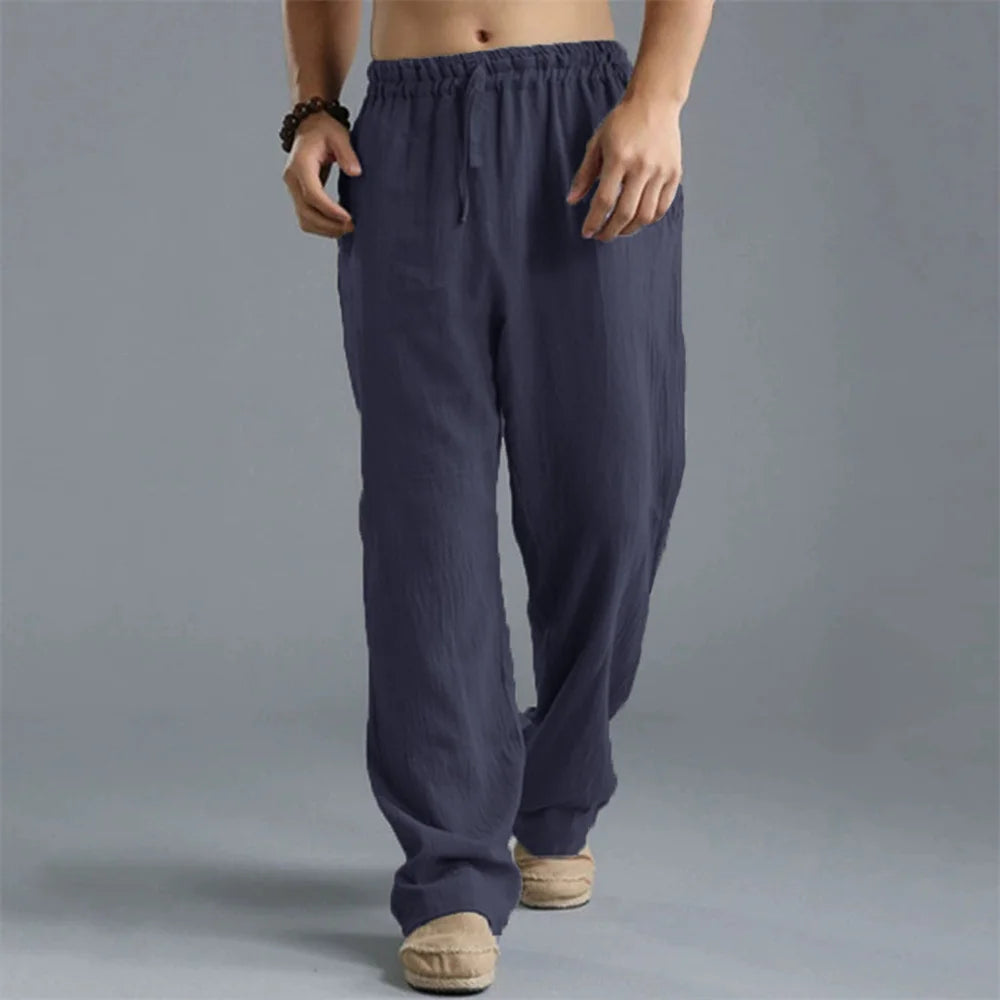 Men's Cotton Linen Straight Leg Pants Lightweight Breathable Trousers Beach Style Solid Color Casual Cozy Sweatpants