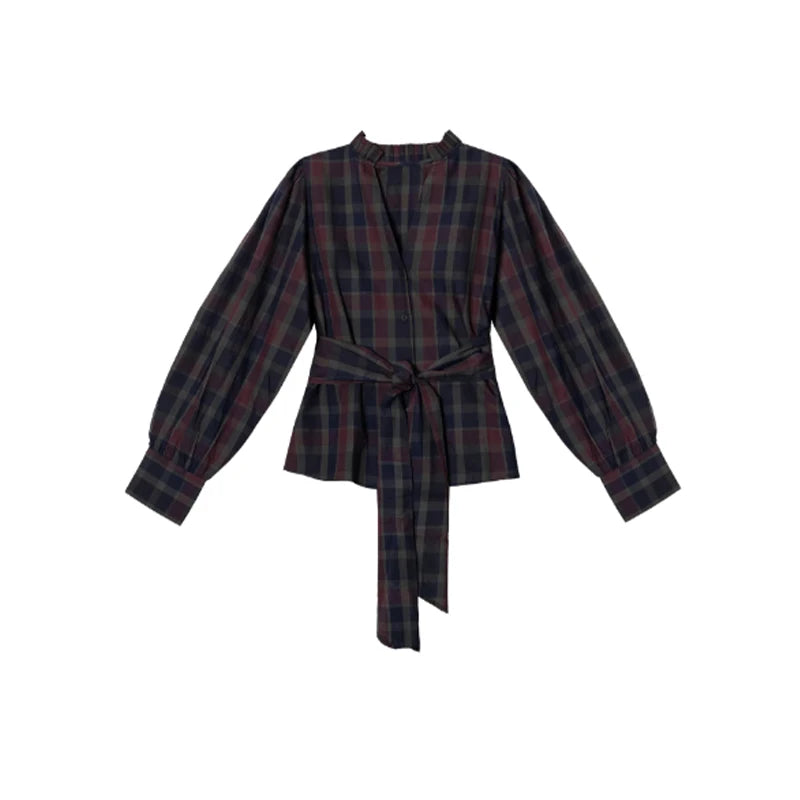 Women Chic Lace Up Checkered Skirt Suit Elegant V-neck Long Lantern Sleeve Top Long Skirts Set 2026 Spring Lady Commute outfits