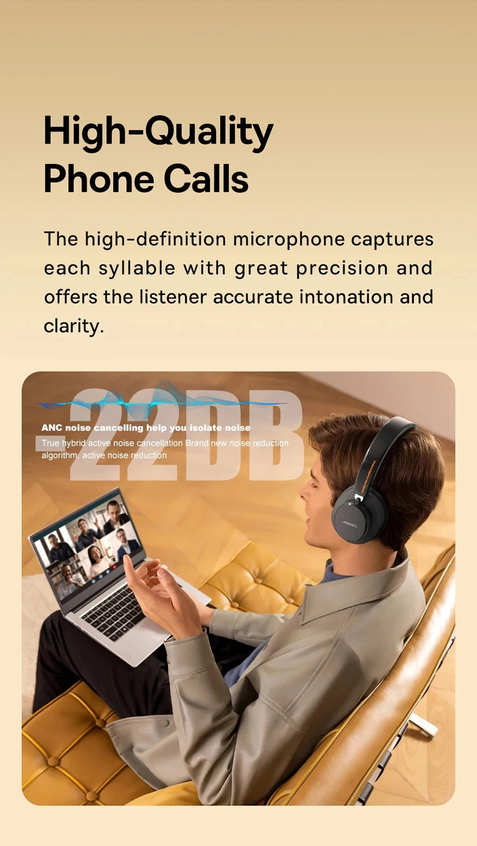 BOSE&bye ANC Noise Reduction Bluetooth Headphones Over The Ear Wireless Big Earphone Hifi Sounds Sport Headsets With Button mic