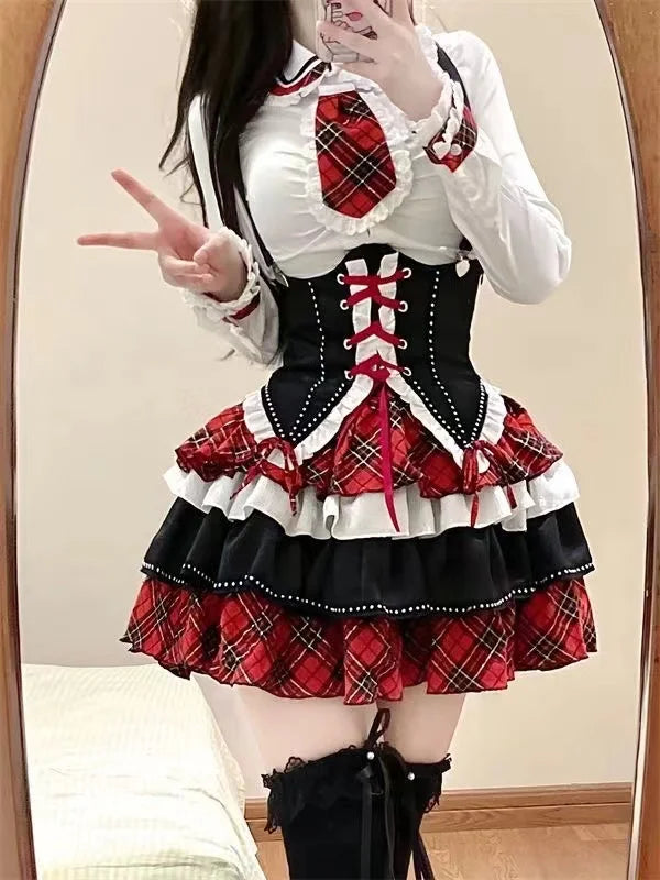 Japanese Sweet Preppy Style 2 Piece Set Women Kawaii Lace Patchwork Bow Tops + Y2k Plaid Mini Skirt Elegant Fashion Outifits New