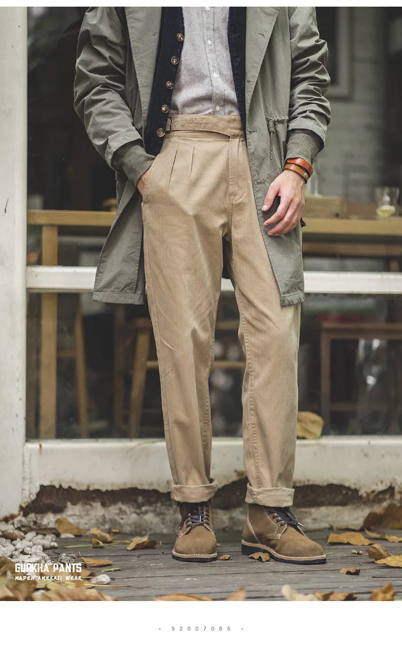 Maden Vintage Adjustable High Waist Gurkha Pants Khaki Casual Cargo Work Pants Classic Straight Trousers for Men's Spring Fall