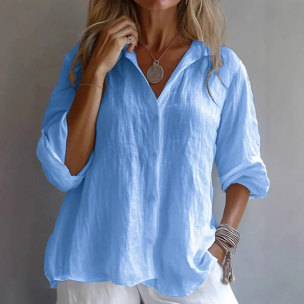 Casual Linen Long Sleeve Blouse Women 2025 Summer Fashion Turn-down Collar Loose Shirts White Blouses Femme Tops Elegant