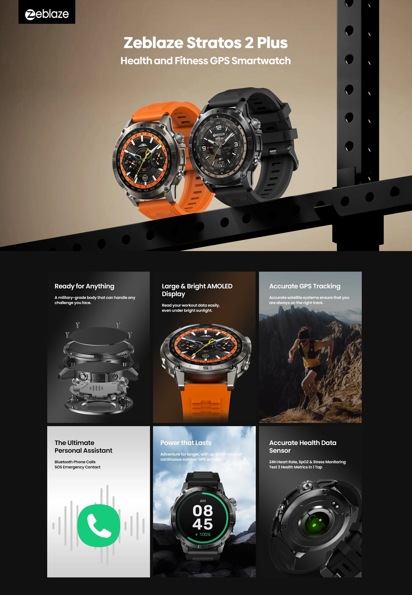 New Zeblaze Stratos 2 Plus GPS Smart Watch 1.43'' AMOLED Display Compass Barometric Altimeter Bluetooth Phone Calls Smartwatch