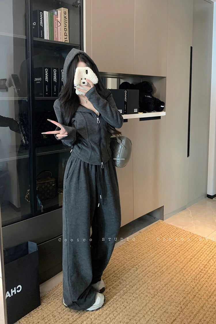 Faionable Lazy Sle Women's Outfit Long Sve Hoodie Wide Leg Casual Pants Two Piece Set Autumn Commute Windbreaker