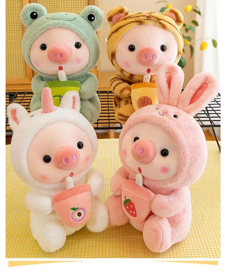 25cm Kawaii Bubble Pig Plush Toy Stuffed Animal Bunny Frog Tiger Soft Pillow Cup Milk Tea Boba Plushies Doll For Kids Girls Gift