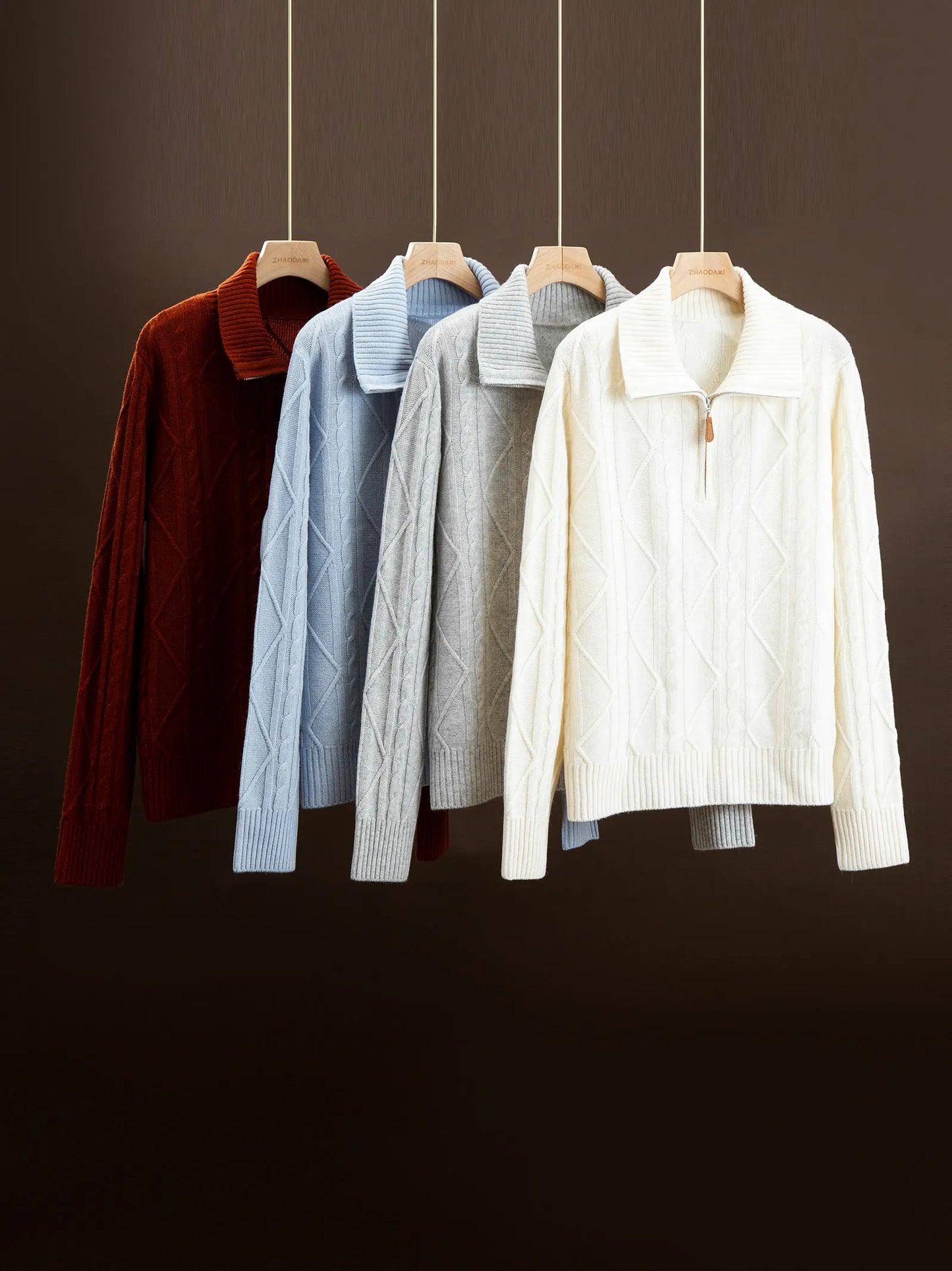 Autumn and winter new lapel zipper twisted pure cashmere knitted long sleeve loose versatile western-style top.