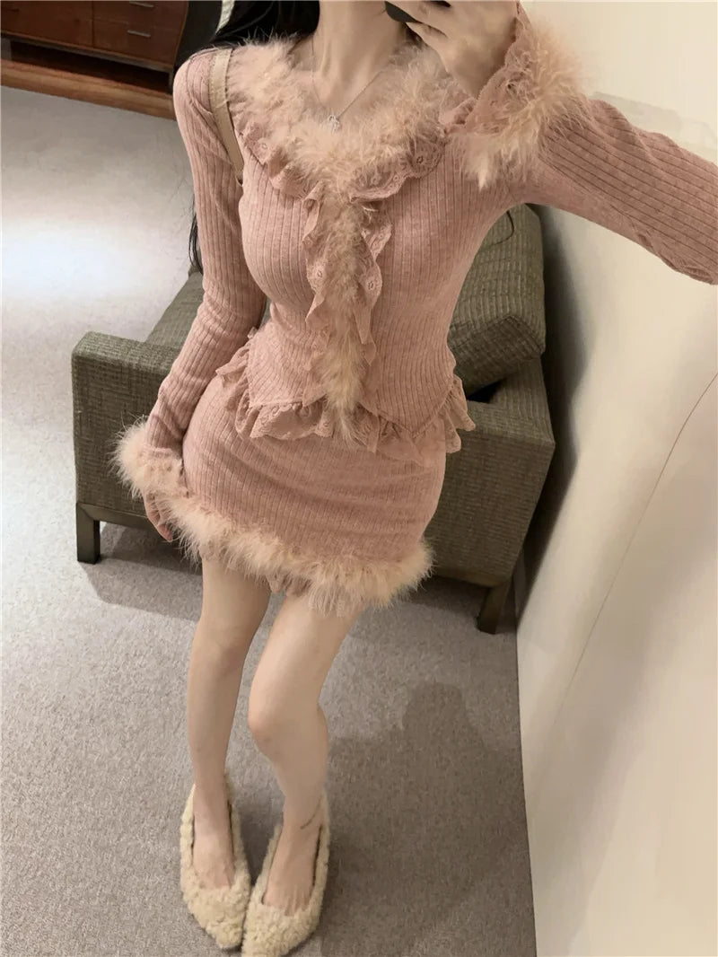 Autumn Winter Lace Splice Knitted Sve High Waist Slim Fit Bodycon Skirt Set V-Ne Soft Pure Desire Long Sve T-irt