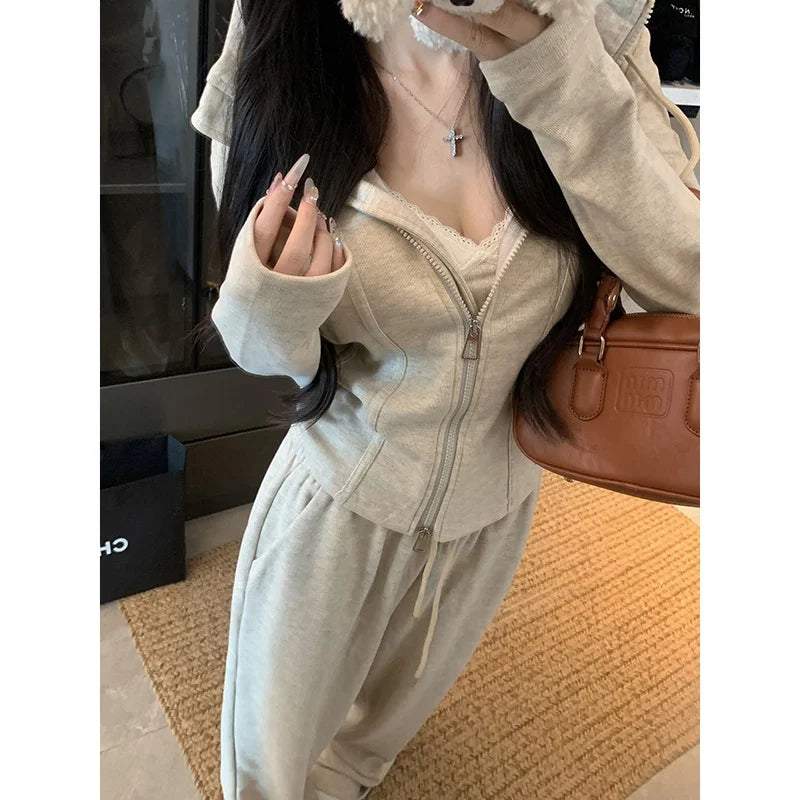 Faionable Lazy Sle Women's Outfit Long Sve Hoodie Wide Leg Casual Pants Two Piece Set Autumn Commute Windbreaker