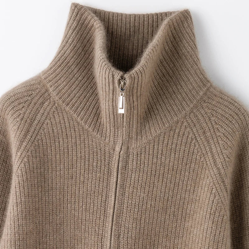 Autumn and winter women's clothing 100% pure cashmere collar thick knit zipper cardigan oversized coat sweater long sleeve loose