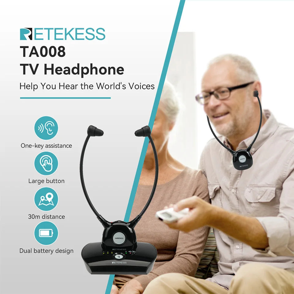 Retekess TA008 TV Hearing Aid Headphone Wireless TV Headset System 2.4GHz Wireless Headphone for Seniors 3 Tones Dual Batteries