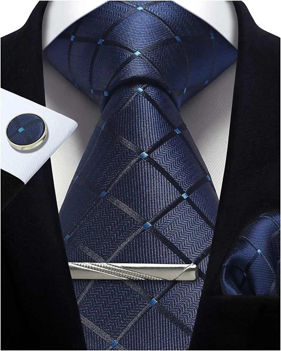Classic 100% Silk Men's Ties In Gift box 8cm Plaid Dot Striped Business Necktie Handkerchief Cufflinks Wedding Party Tie Set