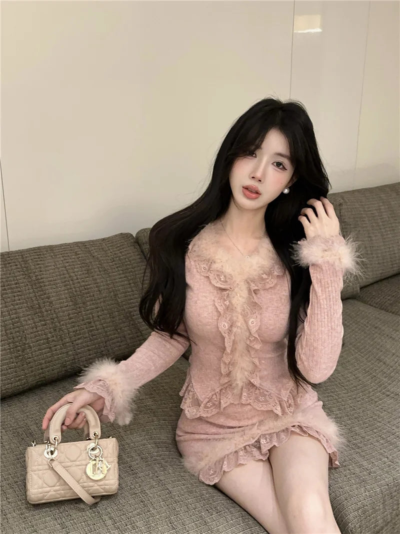 Autumn Winter Lace Splice Knitted Sve High Waist Slim Fit Bodycon Skirt Set V-Ne Soft Pure Desire Long Sve T-irt