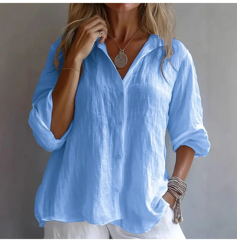 Casual Linen Long Sleeve Blouse Women 2025 Summer Fashion Turn-down Collar Loose Shirts White Blouses Femme Tops Elegant