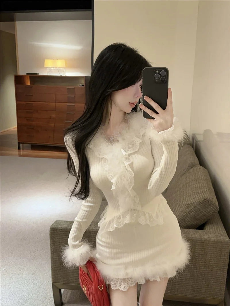 Autumn Winter Lace Splice Knitted Sve High Waist Slim Fit Bodycon Skirt Set V-Ne Soft Pure Desire Long Sve T-irt
