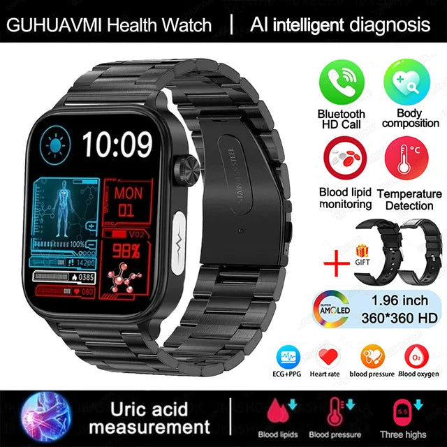 2025 New AI Diagnosis Blood Lipids Uric Acid Body composition Test Smart Watch For Men ECG+PPG Bluetooth Call Health Smartwatch
