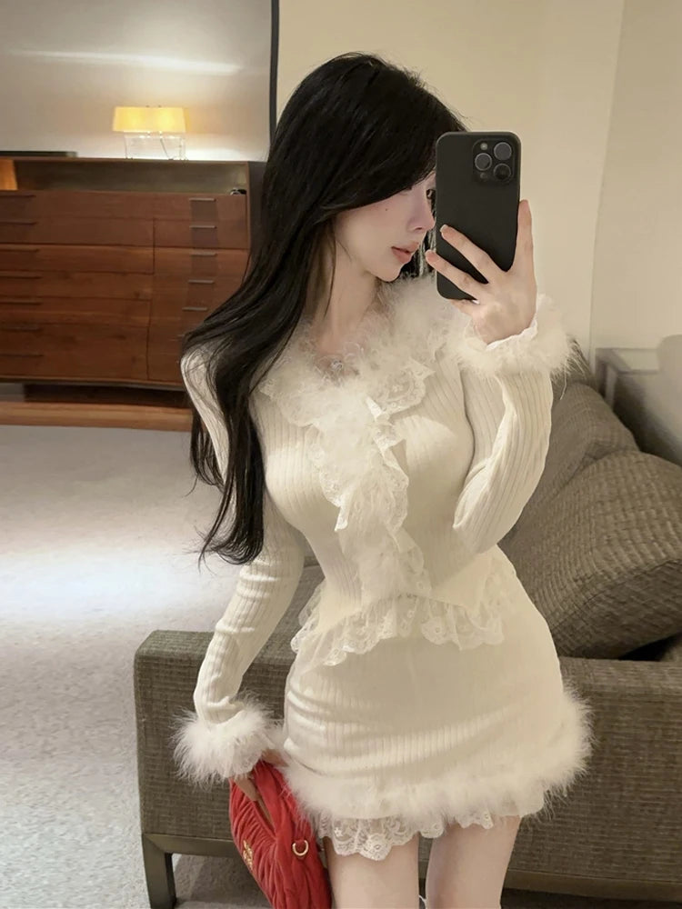 Autumn Winter Lace Splice Knitted Sve High Waist Slim Fit Bodycon Skirt Set V-Ne Soft Pure Desire Long Sve T-irt