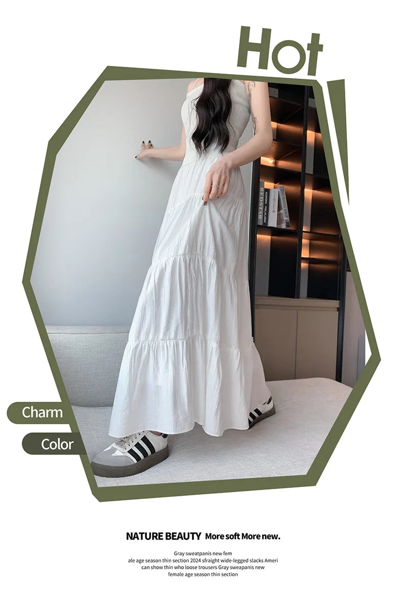 Elegant White Ruffled Long Skirts for Women High Waist A Line Maxi Skirt Woman Spring Summer Casual Loose Korean Umbrella Skirt
